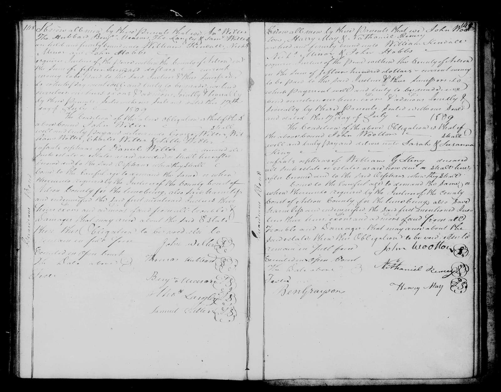 Facing pages of the Nelson County bond book; Benjamin Meason’s signature appears on the left-page guardian bond