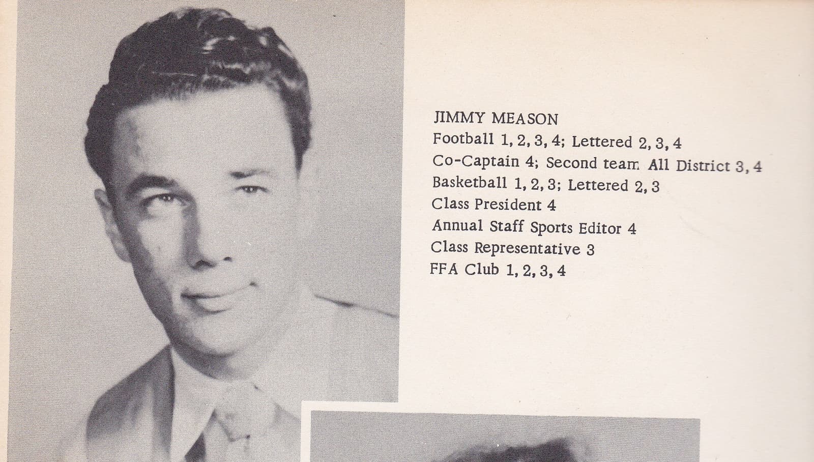 Yearbook page with a senior portrait of Jimmy Meason and a list of his school activities