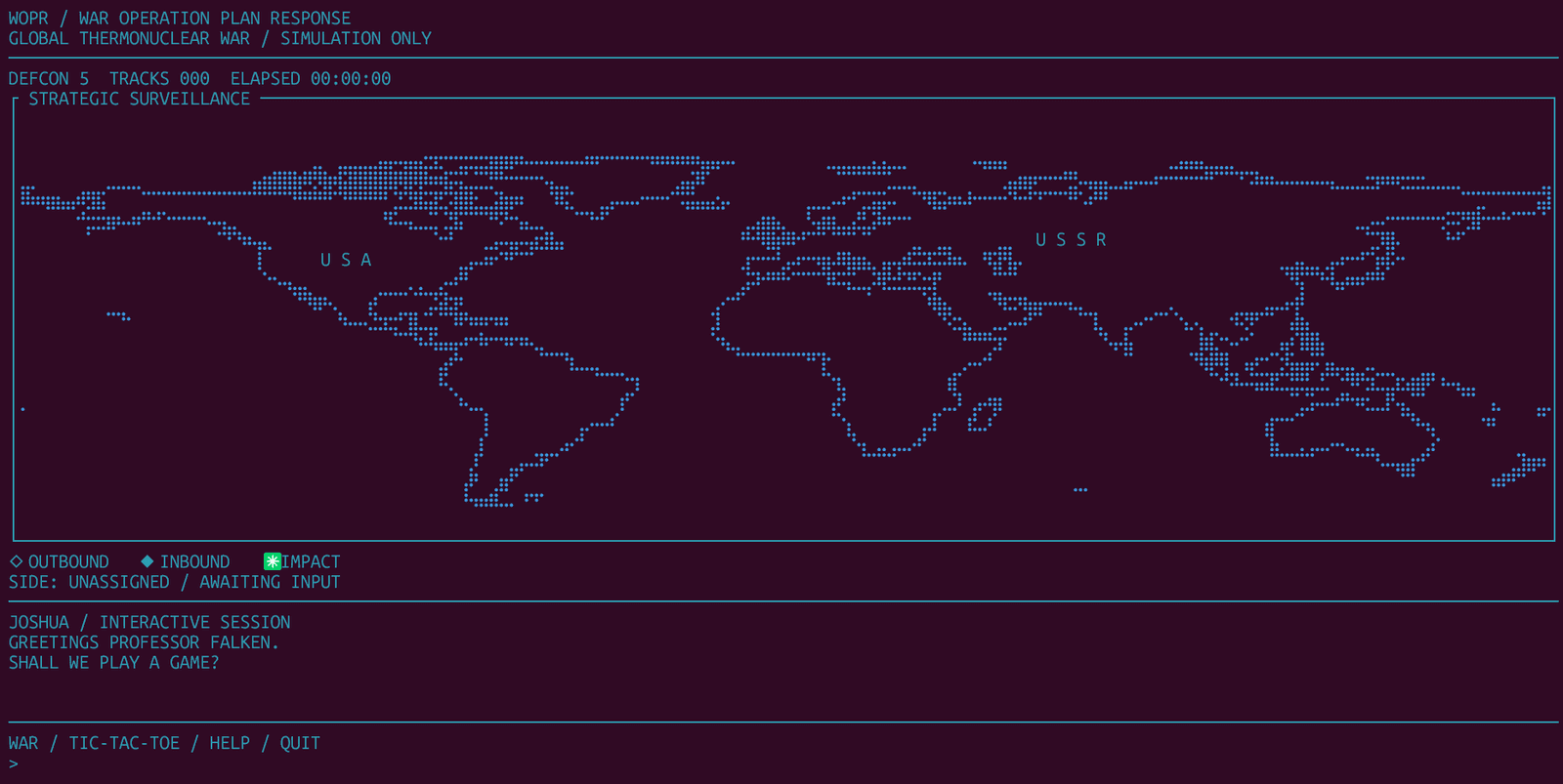 WOPR Terminal showing a cyan strategic simulation interface and world map